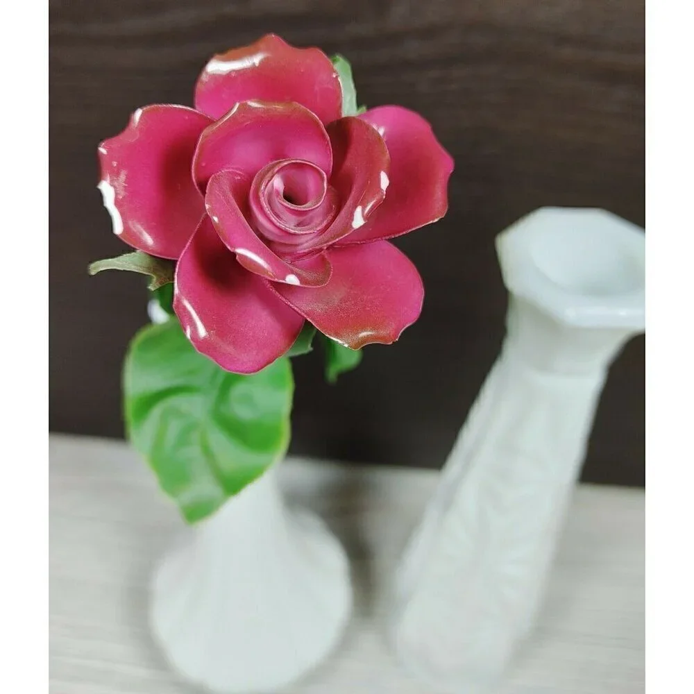 Tuscany Milk Glass White Ceramic Decorative Bud Vase With Metal Rose Set Of 2